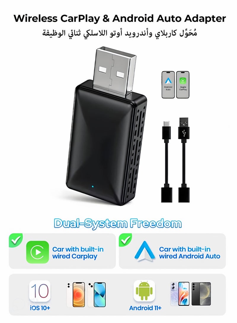 Bukela 2 in 1 Wireless CarPlay and Android Auto Adapter, Convert Wired to Wireless CarPlay Adapter, No Delay and Stable Control Mini Size with Extension Cable USB-C and Type-C(Black) - Image 1